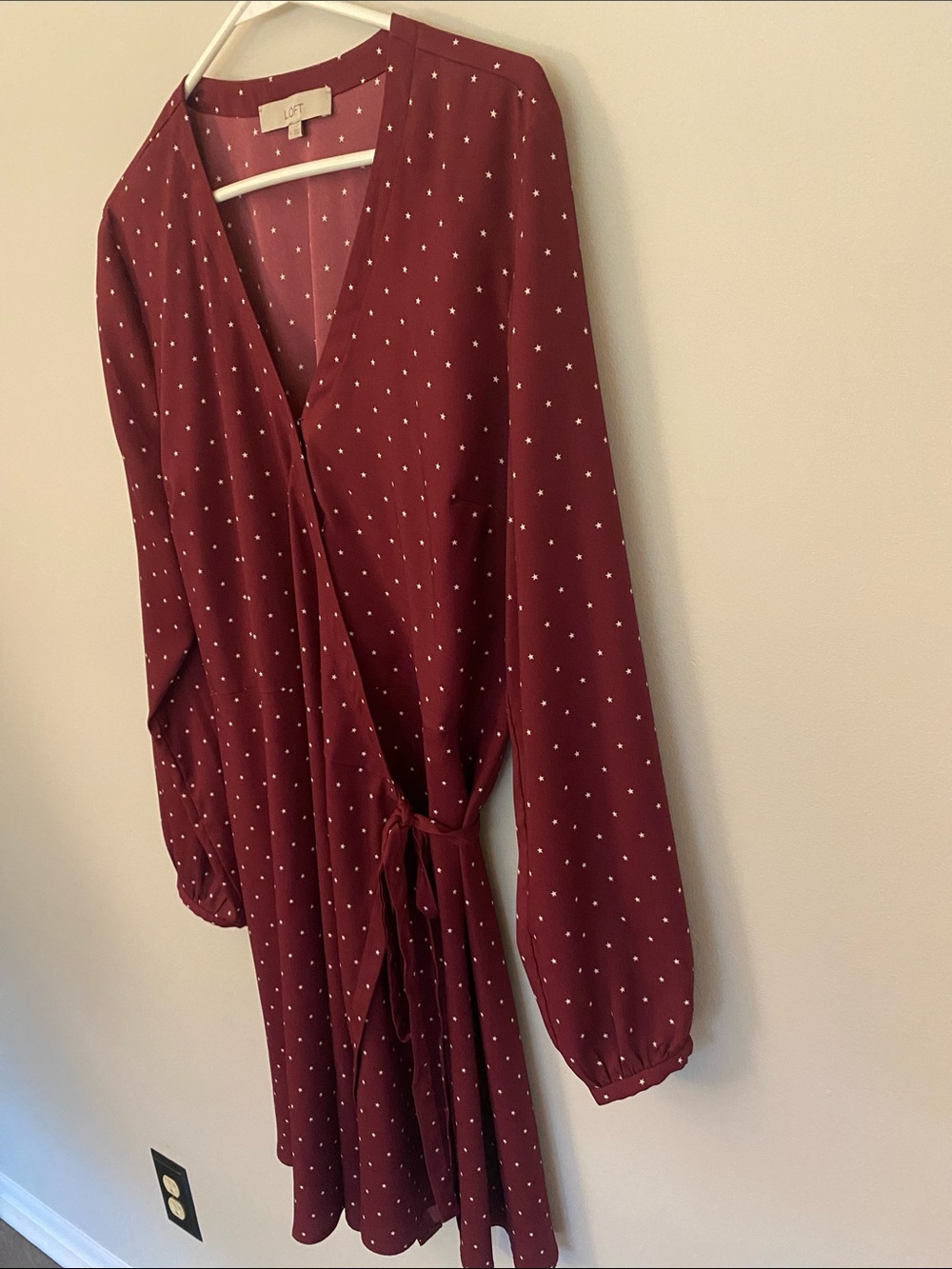 LOFT Burgundy Wrap Dress with White Polka Dots - Picture 2 of 6
